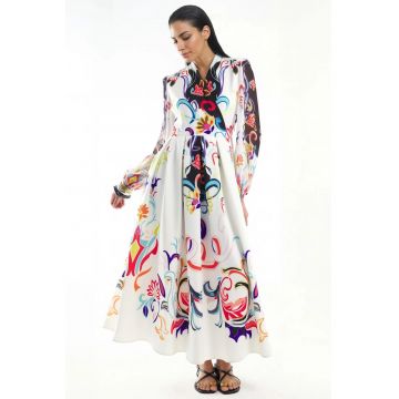 Rochie Maxi -  Imprimeu Floral - Maneca lunga - Multicolor - Poliester cu Lycra
