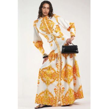 Rochie Maxi -  Imprimeu Paisley - Maneca lunga - Galben - Poliester cu Lycra