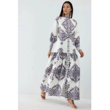 Rochie Maxi -  Imprimeu Paisley - Maneca lunga - Gri - Poliester cu Lycra