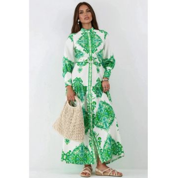 Rochie Maxi -  Imprimeu Paisley - Maneca lunga - Multicolor - Poliester cu Lycra -