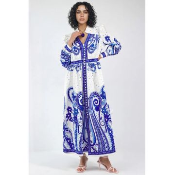 Rochie Maxi -  imprimeu Paisley - maneca lunga - poliester-lycra