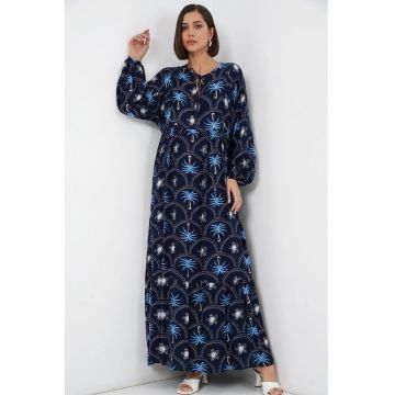 Rochie maxi  imprimeu tropical - bleumarin - maneca lunga - viscoza