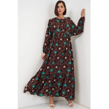 Rochie maxi  imprimeu tropical - maneca lunga - maro - viscoza
