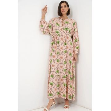 Rochie Maxi  imprimeu tropical - maneca lunga - roz pudra - viscoza