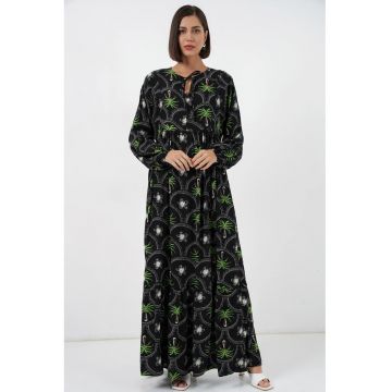 Rochie maxi -  imprimeu tropical - maneci lungi - multicolor - viscoza