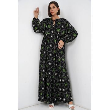 Rochie maxi -  imprimeu tropical - maneci lungi - multicolor - viscoza