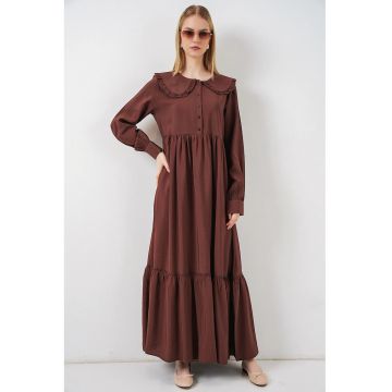 Rochie Maxi  Midi - cu Guler Peter Pan - Maneca lunga - Maro Mocha - 84% viscoza - 16% nailon