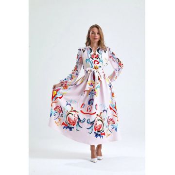 Rochie maxi -  model floral - alb - cu maneca lunga - decolteu in V - cu cordon - poliester/lycra