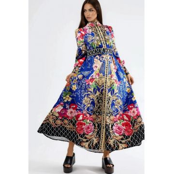 Rochie Maxi -  model Floral - Albastru - Maneca lunga - Cu cordon