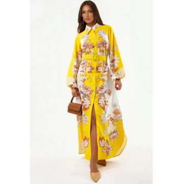 Rochie maxi -  model floral - cu guler tip camasa - poliester/lycra - galben