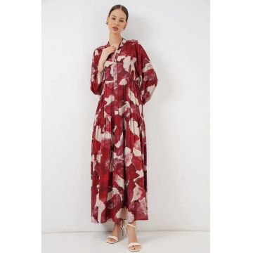 Rochie Maxi -  model floral - decolteu in V - rosu/bej - viscoza