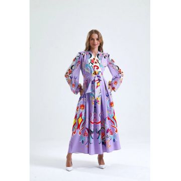 Rochie maxi -  model floral - mov - cu maneca lunga - decolteu in V - cu cordon - poliester-lycra