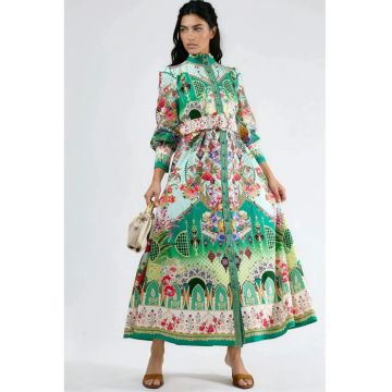 Rochie Maxi - MSN - model floral - cu Cordon - Verde - Maneci Lungi - Guler Tip Camasa