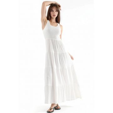 Rochie Maxi  Texturata cu Guler in U - Alb - Poliester