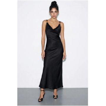 Rochie maxi tip furou m cu decolteu in V - Satin - Negru