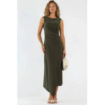 Rochie midi A-Line  guler rotund - kaki - poliester/elastan