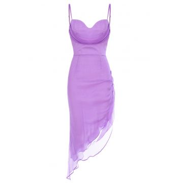 Rochie midi asimetrica din matase cu bretele subtiri - Lila