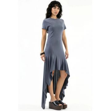 Rochie midi asimetrica  gri inchis - modal/poliester - cu maneci scurte