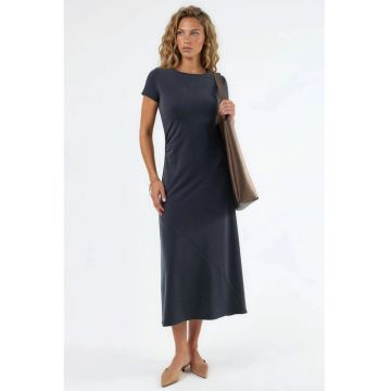 Rochie midi  asimetrica - gri inchis - poliester/elastan - guler rotund - maneci scurte