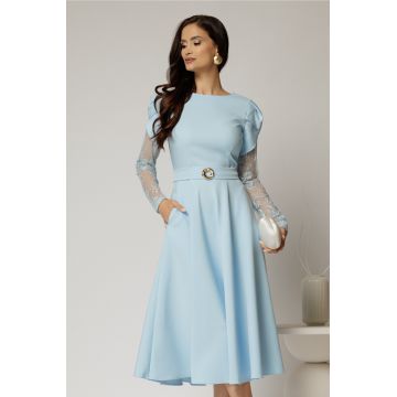 Rochie midi bleu cu maneci din dantela si cordon detasabil