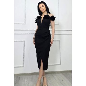Rochie midi bodycon, SEVRIA, tip off-shoulder si detalii florale, NEGRU