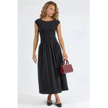 Rochie midi casual  neagra - bumbac/poliester - guler rotund - maneci scurte