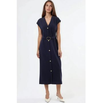 Rochie midi  cu cordon - decolteu in V - bleumarin - poliester/elastan