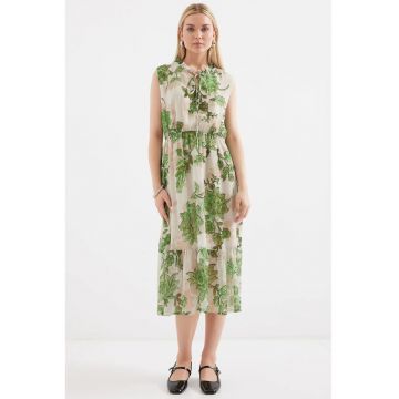 Rochie Midi  cu detaliu funda - crem/verde - poliester - croiala lejera