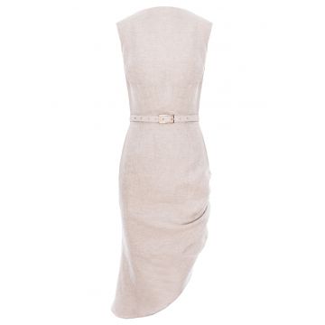 Rochie midi cu falduri asimetrice din in - Bej