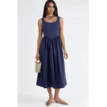 Rochie Midi  cu guler patrat - detaliu funda - Bumbac/Poliester - bleumarin