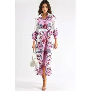 Rochie midi  cu imprimeu - maneca lunga - poliester si lycra - alb/roz
