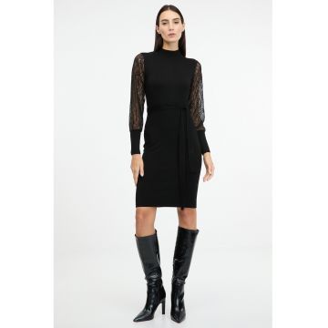 Rochie midi cu maneci din dantela - Negru