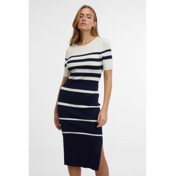Rochie midi cu model in dungi si slit lateral - Alb/Bleumarin