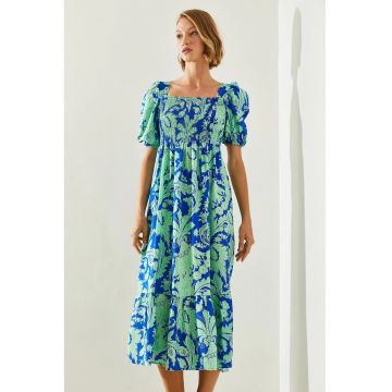 Rochie midi  cu volane - guler patrat - textil - verde -