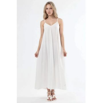 Rochie midi -  decolteu in V - alb - poliester