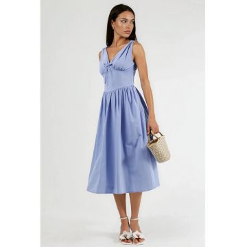 Rochie midi  decolteu in V - albastru - bumbac/poliester