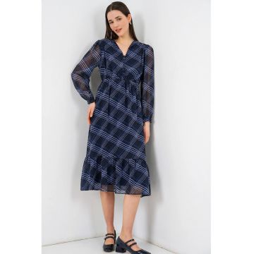 Rochie midi  decolteu in V - albastru glaciar - poliester