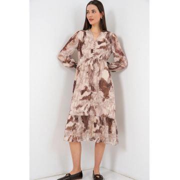 Rochie midi -  decolteu in V - bej - 100% poliester