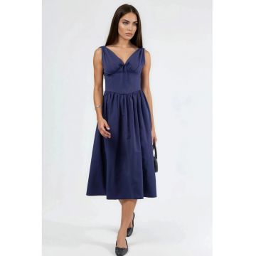 Rochie midi  decolteu in V - bleummarin - bumbac/poliester