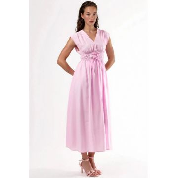 Rochie midi  decolteu in V - detaliu cu snur - roz - modal/poliester