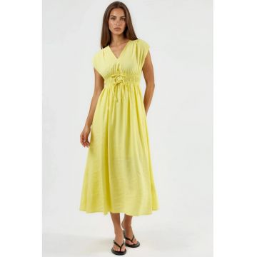 Rochie midi  decolteu in V - galben - modal/poliester