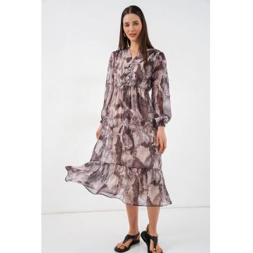 Rochie midi  decolteu in V - inchidere cu nasturi - bej - poliester