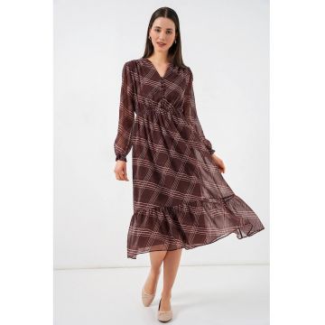 Rochie midi  decolteu in V - maneca lunga - maro - poliester