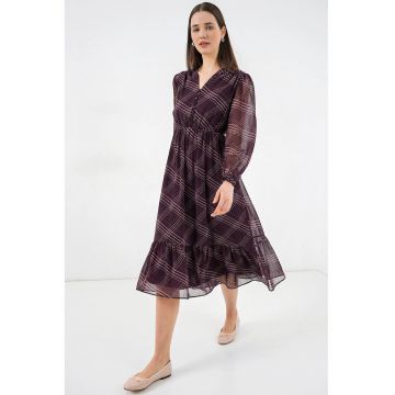 Rochie midi  decolteu in V - maneca lunga - mov - 100% poliester