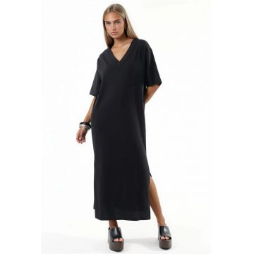 Rochie Midi  decolteu in V - maneca scurta - negru - bumbac
