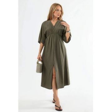 Rochie midi  decolteu in V - maneci trei sferturi - kaki - poliester