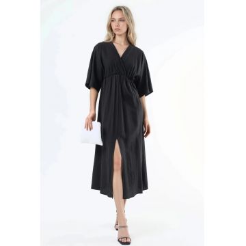 Rochie midi -  decolteu in V - maneci trei sferturi - negru - poliester