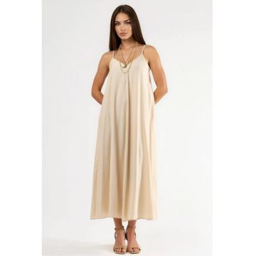 Rochie midi -  decolteu in V - poliester - bej