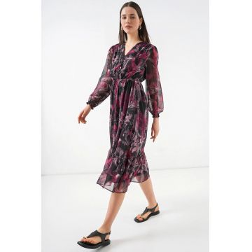 Rochie midi  decolteu in V - rosie - poliester - cu nasturi