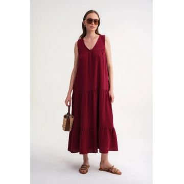 Rochie midi -  decolteu in V - rosu - bumbac